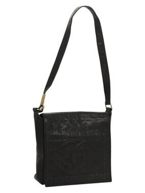 CHANEL Choco Bar line Shoulder Bag Lamb Skin Black CC Auth mr1233